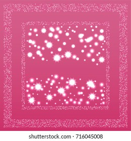 Square xmas frame or border of a random scatter grey and pink stars with christmas lights, snowflakes and sparkles, on a pink background.