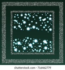 Square xmas frame or border of a random scatter silver stars with christmas lights, snowflakes and sparkles, on a green background.