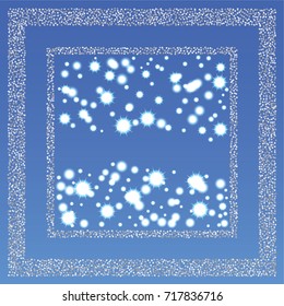 Square xmas frame or border of a random scatter silver stars with christmas lights, snowflakes and sparkles, on a blue background.