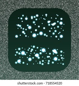 Square xmas frame or border of a random scatter silver stars with christmas lights, snowflakes and sparkles, on a green background.