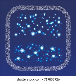 Square xmas frame or border of a random scatter silver stars with christmas lights, snowflakes and sparkles, on a blue background.