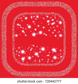 Square xmas frame or border of a random scatter silver stars with christmas lights, snowflakes and sparkles, on a red background.