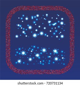 Square xmas frame or border of a random scatter red stars with christmas lights, snowflakes and sparkles, on a blue background.