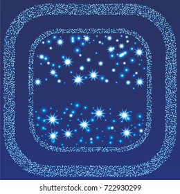 Square xmas frame or border of a random scatter blue stars with christmas lights, snowflakes and sparkles, on a blue background.