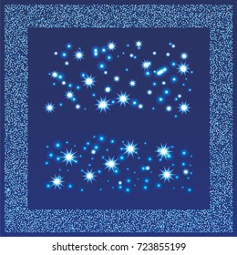 Square xmas frame or border of a random scatter blue stars with christmas lights, snowflakes and sparkles, on a blue background.