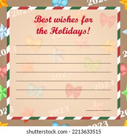 Plantilla en blanco de letras navideñas cuadradas con lugar para texto. Tarjeta de saludo de vacaciones con marco a rayas sobre el papel sin fisuras fondo de patrón con arcos y estrellas de colores. Tarjeta vector Happy New Year 2023