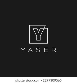 Letra Y cuadrada marca inicial línea continua contorno blanco sobre icono vectorial con logotipo negro