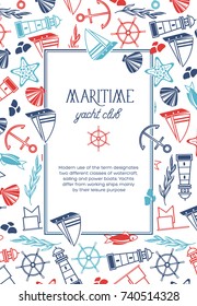 Square yacht club poster divided on two parts where there is  the name of yacht club and many maritime elements such as coquille, seaweed, stones on the white background as a sea vector illustration