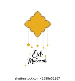 A square yellow color round shape is coming down from the top and below it is written Eid Mubarak..must be vector illustration.white bg autumn leaves on white background