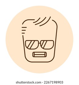 Carácter fresco amarillo cuadrado en el icono de la línea de color de las gafas. Mascota de las emociones. Pictograma para página web, aplicación móvil, promoción.