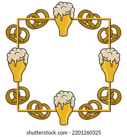 Square yellow frame, copy space, glass mug with beer, foam drink, salty crackers, vector illustration in cartoon style