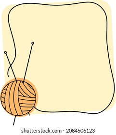 Square yellow frame with an empty space for insertion, for needlework, knitting with a ball and knitting needles, vector drawing with a line