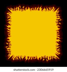 Square yellow frame with flames on a black background. Vector illustration