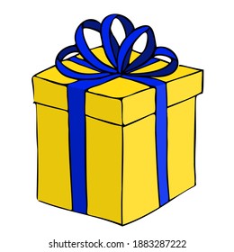Caja de regalo cuadrada amarilla, atada con una cinta azul, sobre un arco de cinta. Objeto aislado de color con un contorno oscuro. 