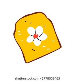 Square yellow toast with a flower shaped egg or butter decoration flat doodle style