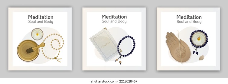 Square yoga cards with  rosary, candle, books, incense holder, singing bowl.  Posters for yoga retreat or yoga studio. Illustration for banner, book cover, notepad. Meditation, yoga and relaxation. 