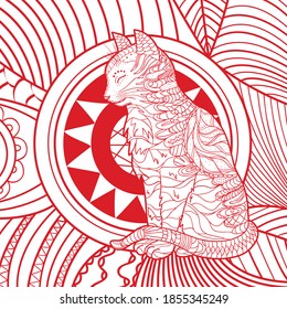 Square zen background. Hand drawn patterned cat. Design for spiritual relaxation for adults