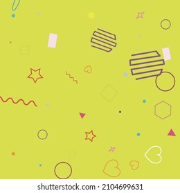 Square Zigzag Pastel Wave Bunte Hearts Geometry Illustration. Rectangle Rosa Violet Ring Simple Circle Hipster Hintergrund. violette Sterne, blauer, heller, polygonaler grüner Hintergrund.