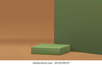 Ilustración vectorial realista de la sala de exposición neutral beige del pedestal del podio verde 3d cuadrado. Moqueta comercial de moda del fondo de la pared de la exhibición para la presentación del producto cosmético