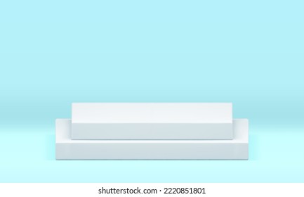 Squared 3d pedestal white steps product promo presentation decorative studio background realistic vector illustration. Polygonal geometric podium blue backdrop design minimalist show display