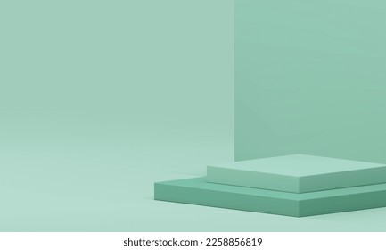 Squared 3d podium level stage platform geometric foundation empty showcase realistic vector illustration. Green pedestal advertising display corner studio background for product promo presentation