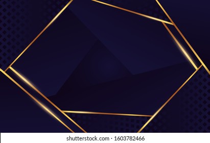 Squared abstract gold geometric shape at dark blue and black background. Golden light lines element at cube and triangle backdrop vector graphic illustration