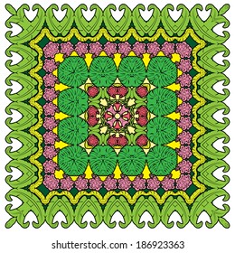 Squared background - ornamental floral pattern  with palm leaves and Frangipani flowers. Design for bandanna, carpet, shawl, pillow or cushion
