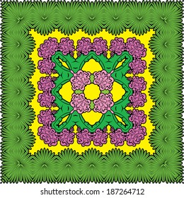 Squared background - ornamental floral pattern with palm leaves and Frangipani flowers. Design for bandanna, carpet, shawl, pillow or cushion