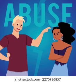 Squared banner about abuse, bad relationship flat style, vector illustration. Boy and girl quarrel, emotions and gesticulation, love problems, angry characters