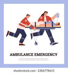 Squared banner about ambulance emergency flat style, vector illustration isolated on blue background. Man and woman in red uniform with cross sign carrying patient on stretcher