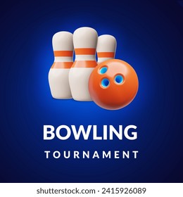 Squared Banner über Bowlingturnier 3D Stil, Vektorgrafik einzeln auf blauem Hintergrund. Dekoratives Design mit Text, Spiel und Freizeit, Aktivität