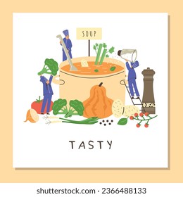 Squared banner about cooking flat style, vector illustration isolated on yellow background. Decorative design with text, soup and ingredients, tiny people cooking