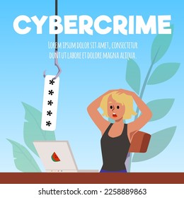 Squared banner about cybercrime flat style, vector illustration. Shocked girl clutching head with hands, stolen password, personal data. Decorative design, place for text