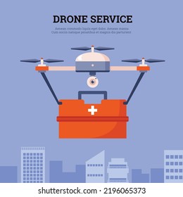 Squared banner about drone service flat style, vector illustration on blue background. Drone with red first-aid kit flies high above city, modern technologies, quick medical help
