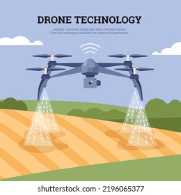 Squared banner about drone technology flat style, vector illustration. Drone with camera flies over field and waters crop, remote control, smart farming