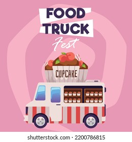 Squared banner about food truck fest flat style, vector illustration isolated on pink background. Van with cupcakes, sweets, outdoor. Tasty street food with berries