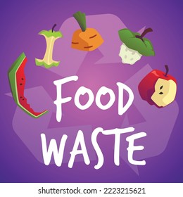 Squared banner about food waste flat style, vector illustration isolated on purple gradient background. Fruit cores, recycling symbol, compost products. Ecological concept, environmental protection
