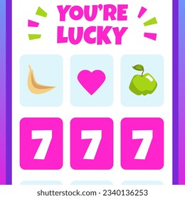 Squared banner about gambling flat style, vector illustration. You're lucky text, jackpot and win, risk and fortune. Slot machine or online gambling, decorative design