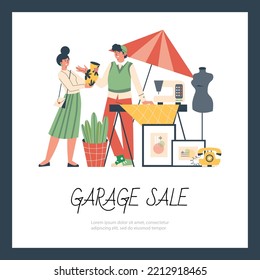 Squared Banner About Garage Sale Flat Style, Vector Illustration Isolated On Dark Background. Smiling Woman Looking At Vase, Man Selling Decor And Sewing Supplies, Place For Text