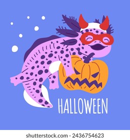 Banner cuadrado sobre Halloween con feliz axolotl sosteniendo calabaza estilo plano, ilustración vectorial aislado sobre fondo azul. Diseño decorativo con texto, vacaciones, carácter anfibio