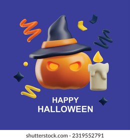 Squared banner about Happy Halloween 3D style, vector illustration isolated on blue background. Frightening pumpkin in witch hat, decorative holiday design with text, burning candle