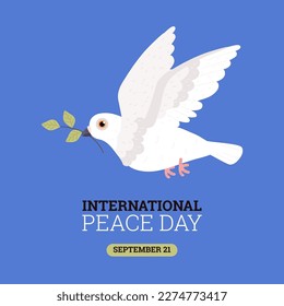 Squared banner about international peace day flat style, vector illustration isolated on blue background. Flying white pigeon holding twig in beak, September 21, decorative design