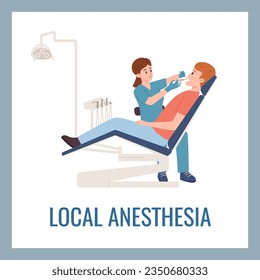 Squared banner about local anesthesia flat style, vector illustration isolated on blue background. Woman dentist treats patient teeth, decorative design with text, medicine