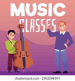 Squared banner about music classes flat style, vector illustration. Child boy with cello musical instrument, happy people, decorative design. Studying and learning