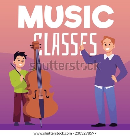 Squared banner about music classes flat style, vector illustration. Child boy with cello musical instrument, happy people, decorative design. Studying and learning