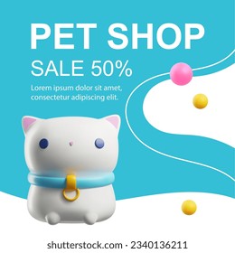 Squared banner about pet shop 3D style, vector illustration. Decorative design with place for text, advertising banner with cute sitting cat, domestic animal, sale and care