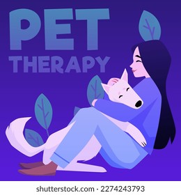 Squared banner about pet therapy flat style, vector illustration. Smiling woman hugging big white dog, shades of blue, decorative design, emotional support animal