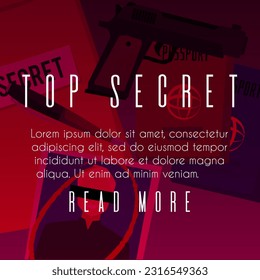 Banner al cuadrado sobre agente secreto trabajar estilo plano, ilustración vectorial. Diseño decorativo con lugar para texto, alto secreto, pasaporte y foto, arma y documentos