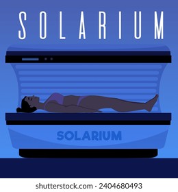 Squared banner about solarium procedure flat style, vector illustration on blue background. Smiling woman in swimsuit lying in solarium cabin, decorative design, beauty