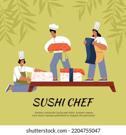 Squared banner about sushi chef flat style, vector illustration isolated on green background. Happy people making huge sushi, place for text, traditional Japanese food